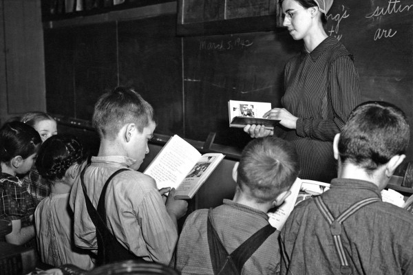 John Collier - Mennonite teacher holding class in one-room, eight grade school house. Near Hinkletown, Pennsylvania, 1942
